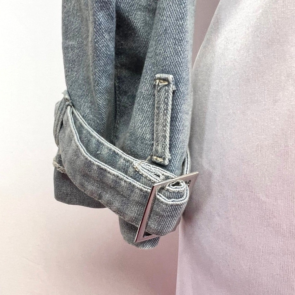 Indefeir Cropped Denim Moto Jacket Light Wash Belted Raw Hem Blue Womens Size S - Picture 6 of 10